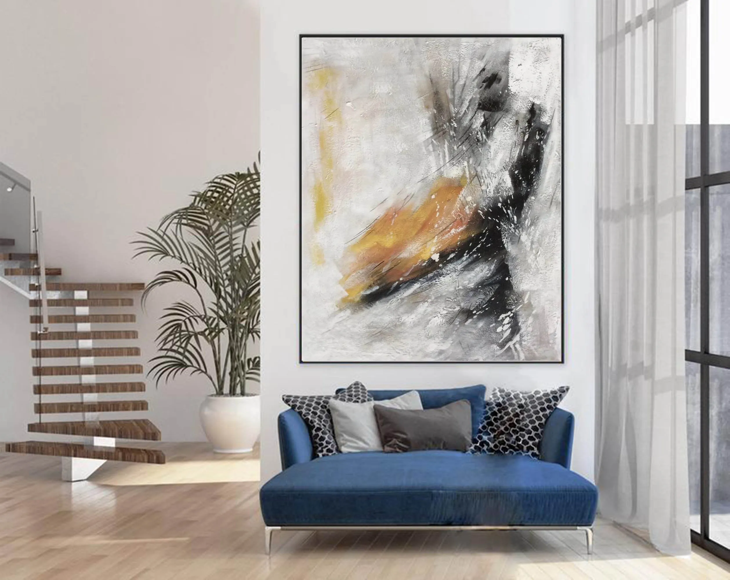 Black White Yellow Abstract Painting Oversized Modern Canvas Painting Sp072