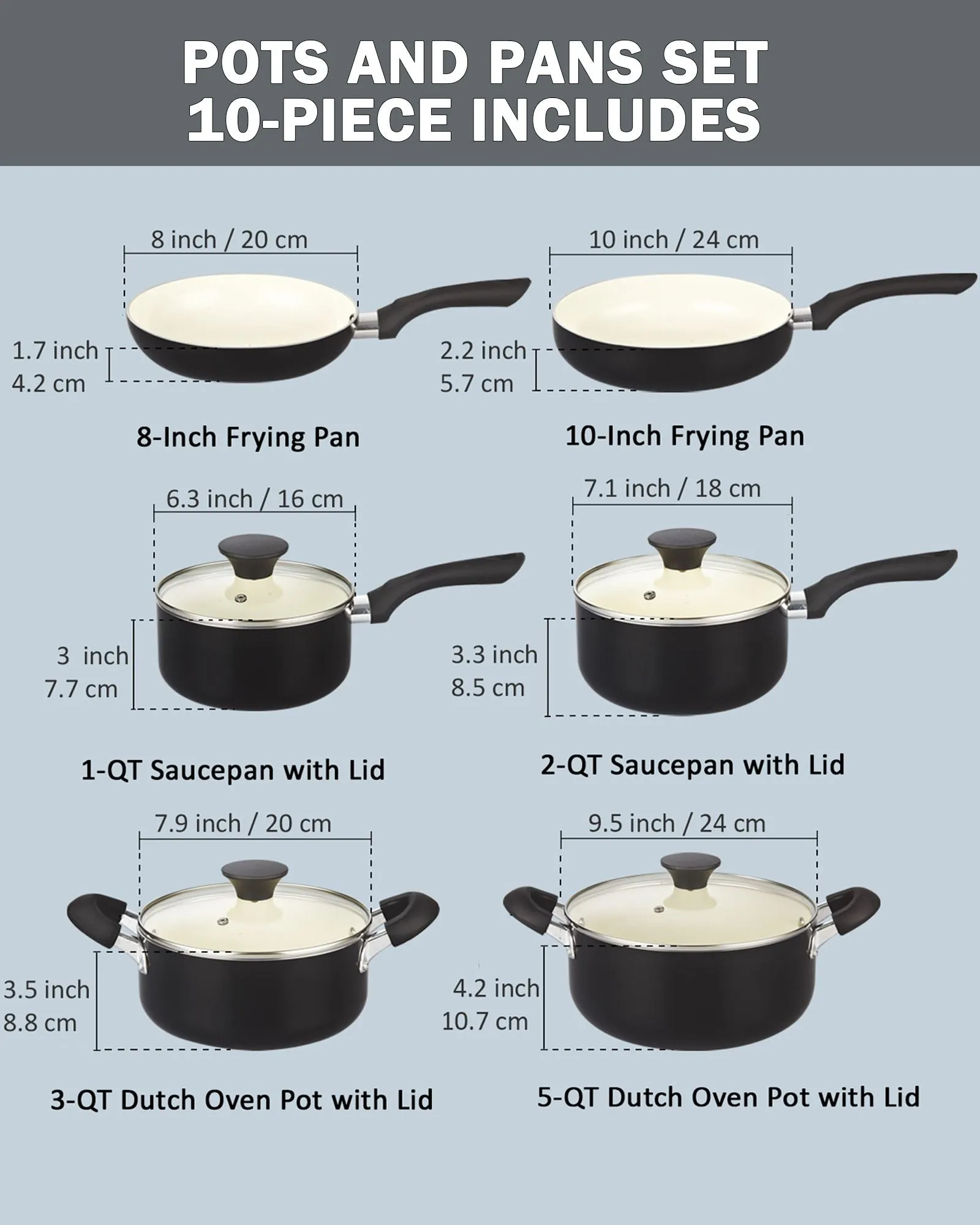 Cook N Home Pots and Pans Set Nonstick, 10 Piece Ceramic Kitchen Cookware Sets, Nonstick Cooking Set with Saucepans, Frying Pans, Dutch Oven Pot with Lids, Black